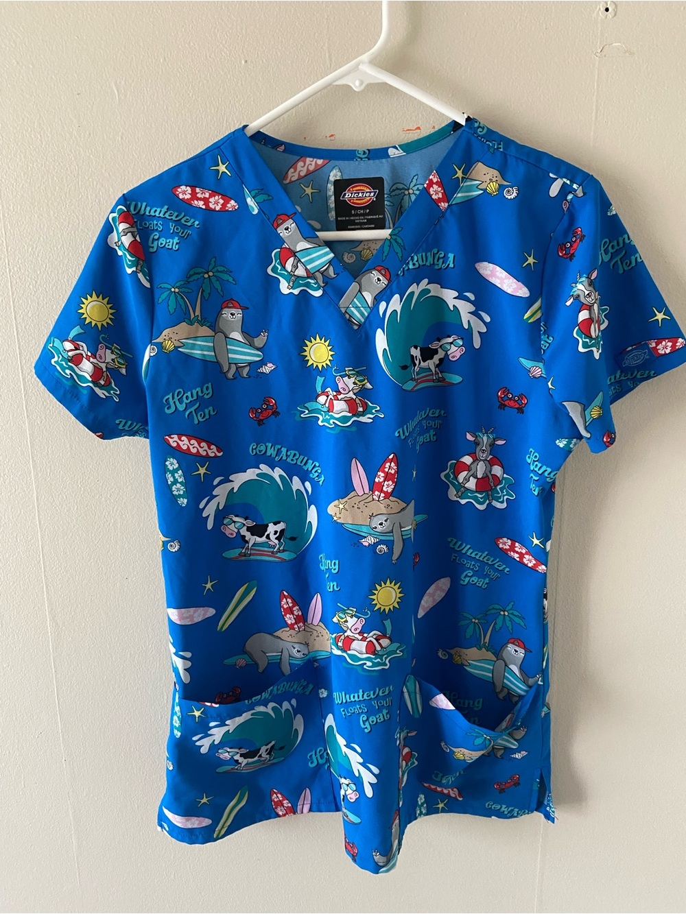 Dickies scrub top small blue cowabunga vet tech nurse veterinarian funny summer